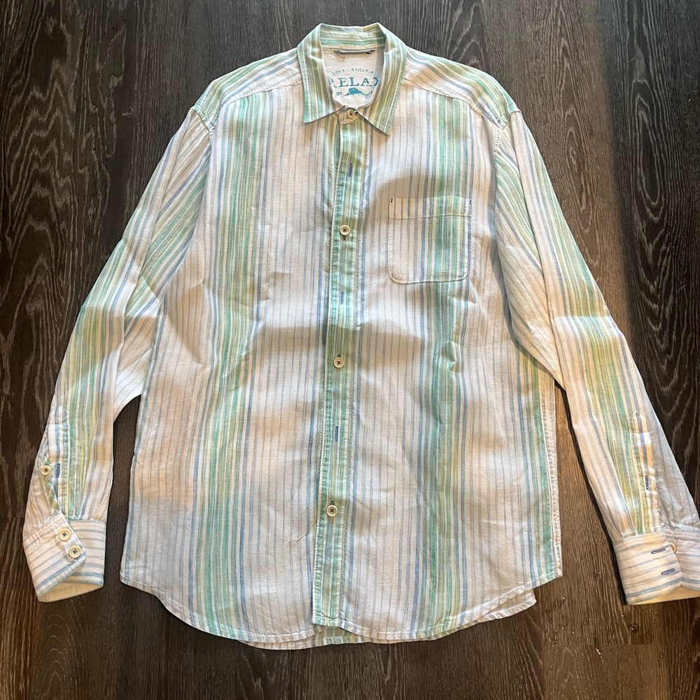 Tommy Bahama | Men's Striped Button-Down Shirt | Green/Blue | Medium